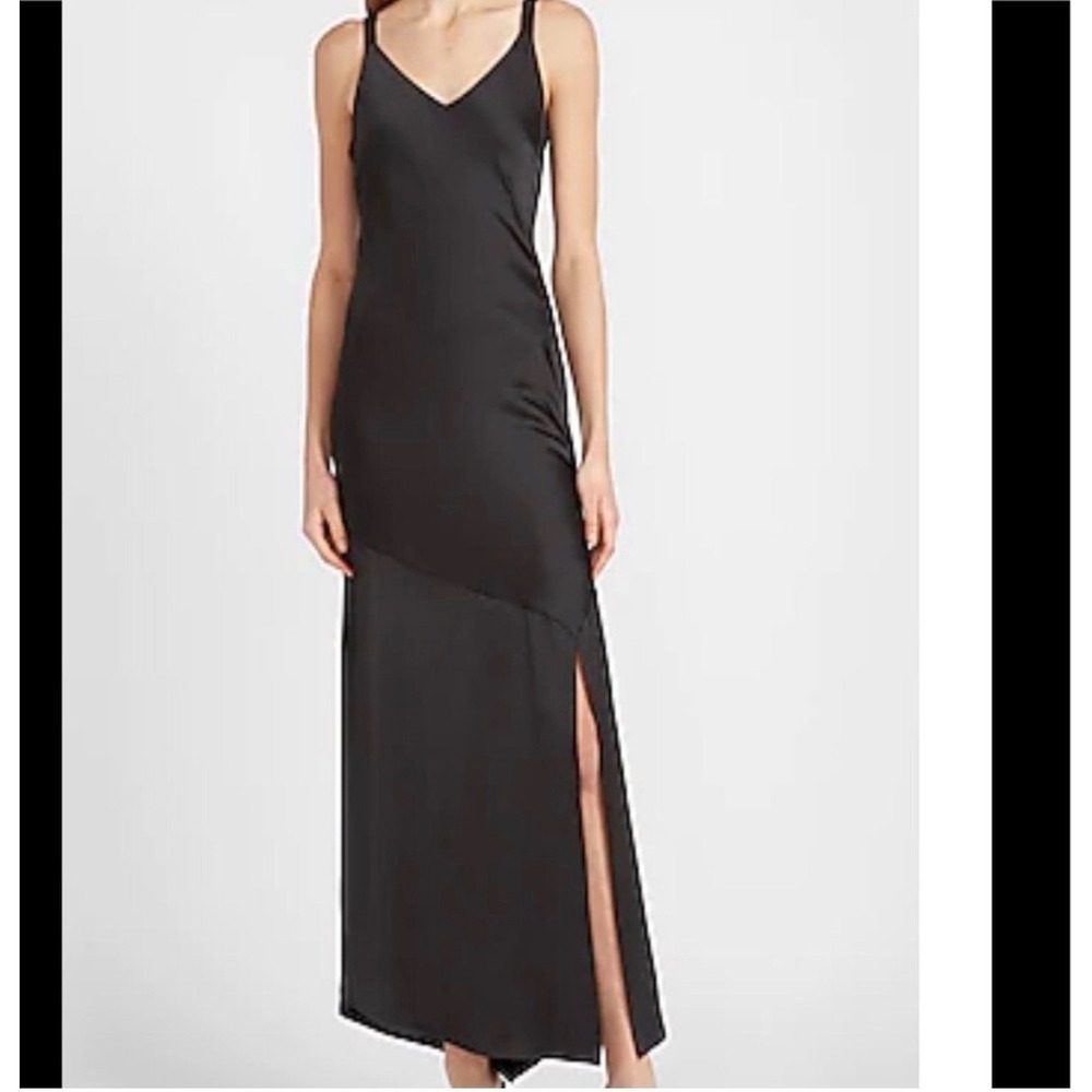 Express Womens‎ Slip Midi Dress XS Black Satin Asymmetrical Slit Minimalist 90s